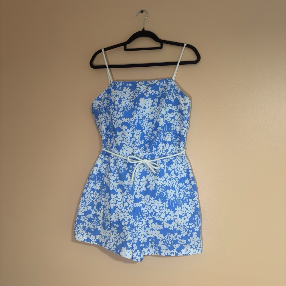Sea Waves VTG Blue Floral Romper Playsuit Swimsuit Size 14 Medium